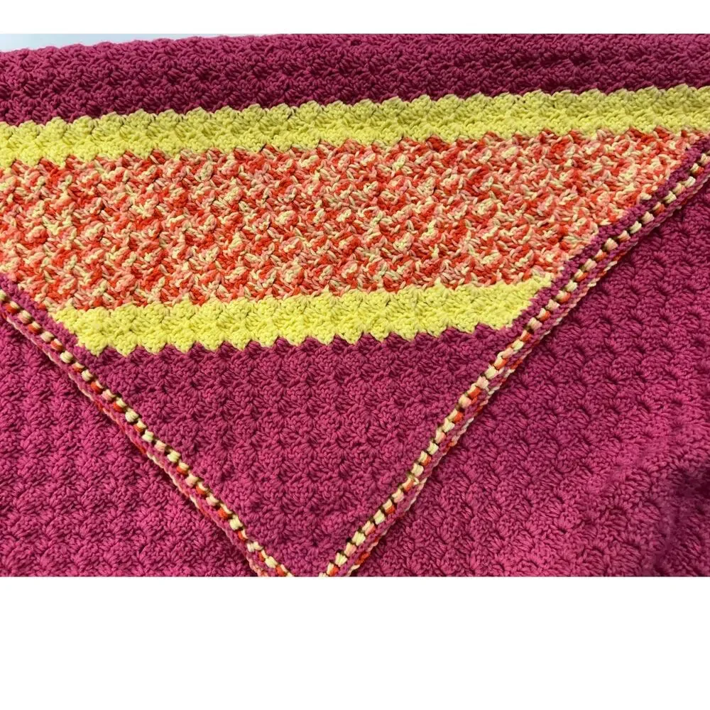 Handmade Crochet Pink with Pale Yellow Acrylic Yarn Afghan Blanket 48